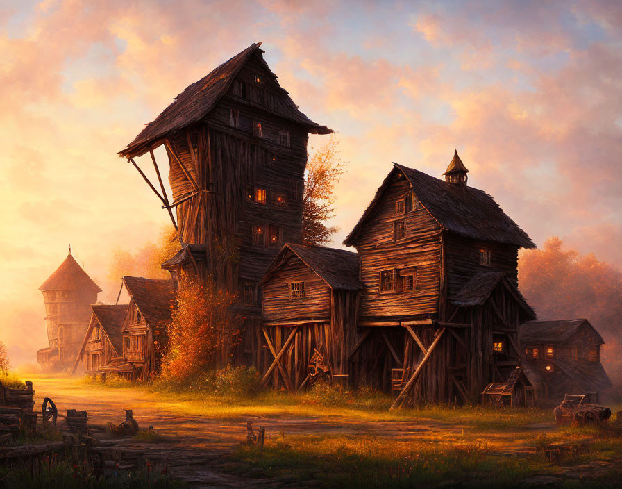 Tranquil foggy forest clearing with rustic wooden towers and houses