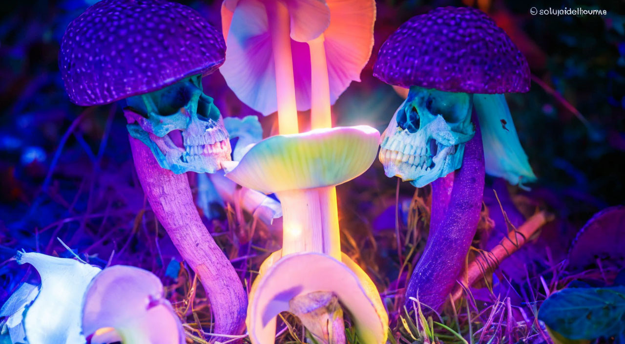 Colorful illuminated mushrooms and human skulls in purple, blue, and yellow light on dark backdrop