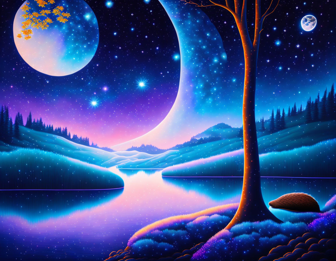 Night scene with crescent & full moons, golden tree, serene lake, mountains, star-filled sky