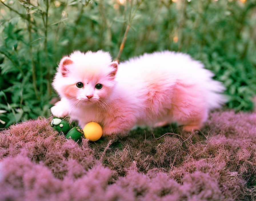 Fluffy white kitten playing with green toy on purple shrubbery