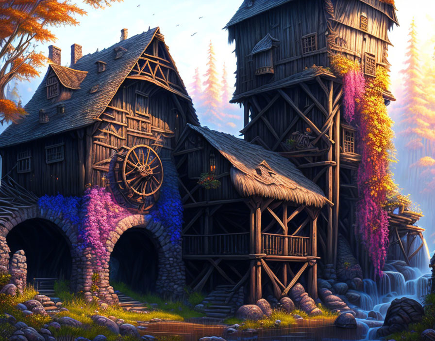 Rustic watermill illustration with autumn foliage and glowing light