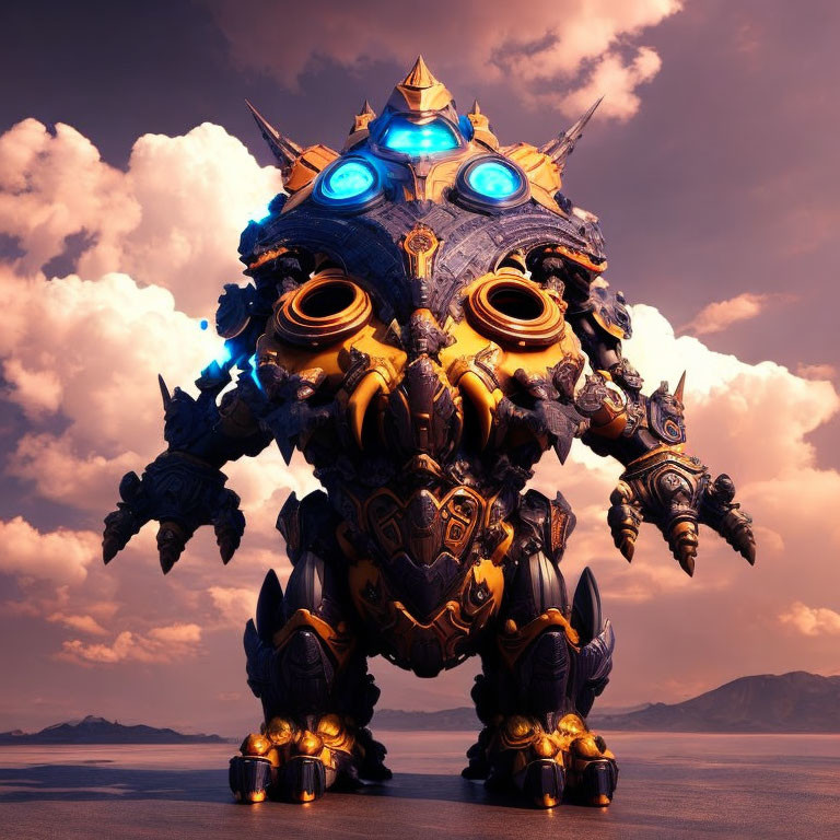 Detailed 3D illustration of majestic mechanical robot in golden armor under dramatic sky