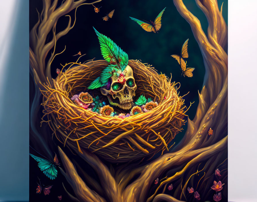 Skull with green feathers and flowers in tree nest with butterflies