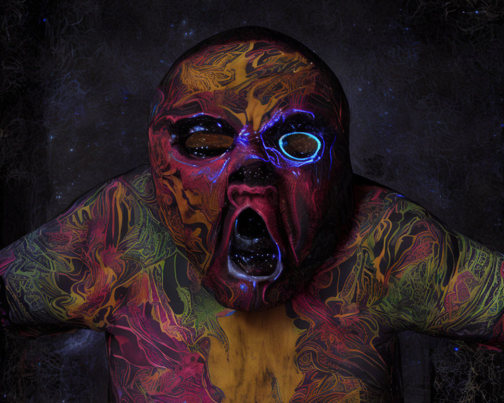 Neon body paint and tattoos on person against dark background