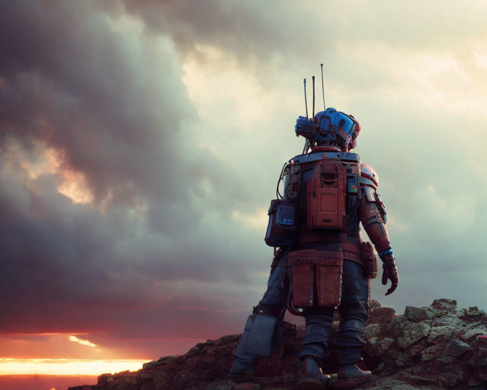 Astronaut in space suit on rocky terrain at sunset