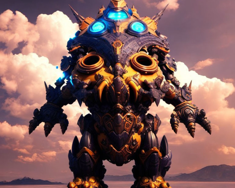 Detailed 3D illustration of majestic mechanical robot in golden armor under dramatic sky