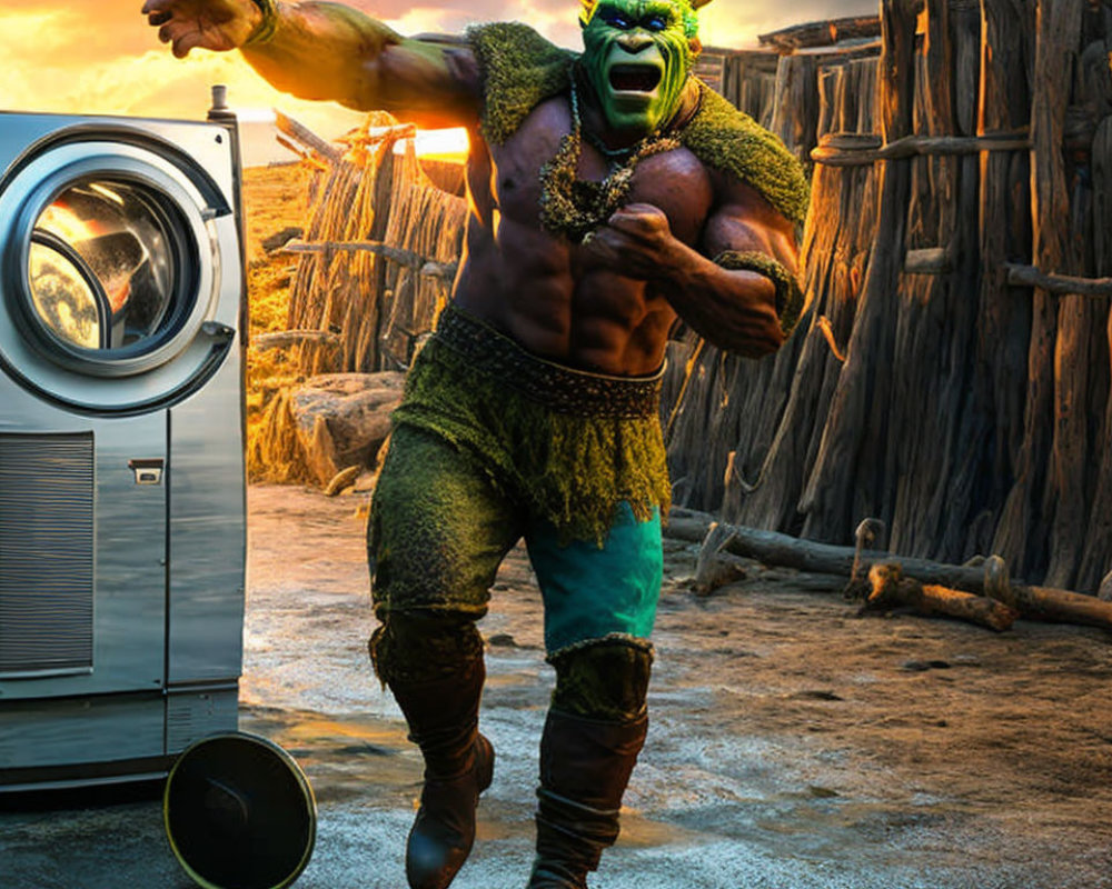 Green orc throwing speaker at washing machine in sunset scene