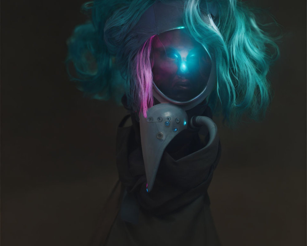 Vibrant blue and pink hair person with glowing mask in dynamic pose