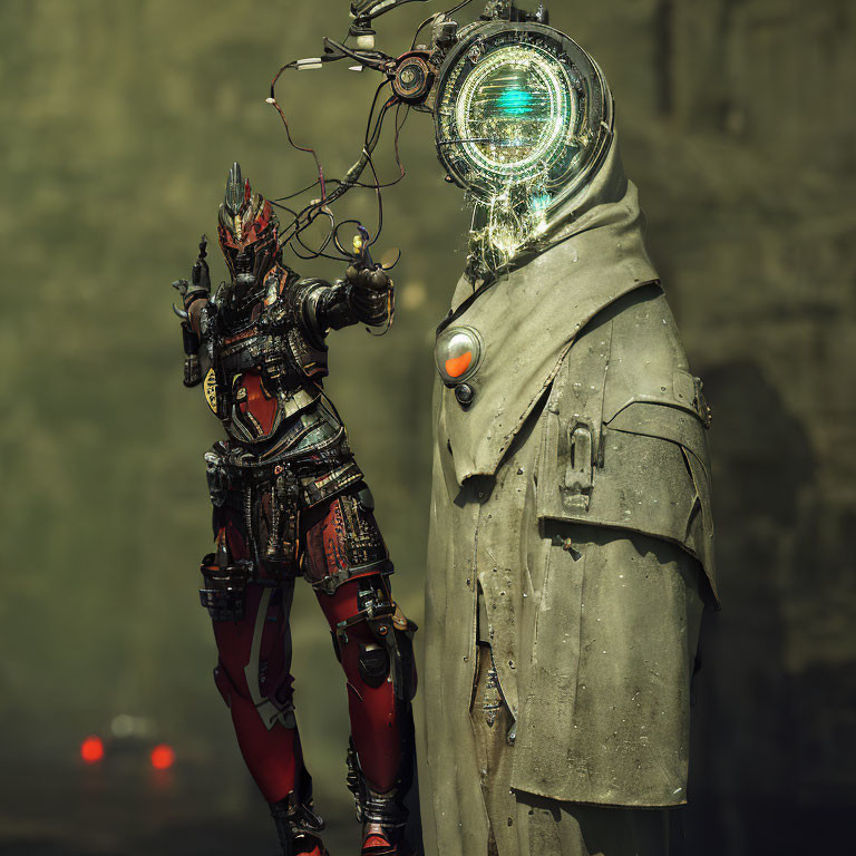 Futuristic warrior in red and black armor with cloaked figure and glowing mechanical head