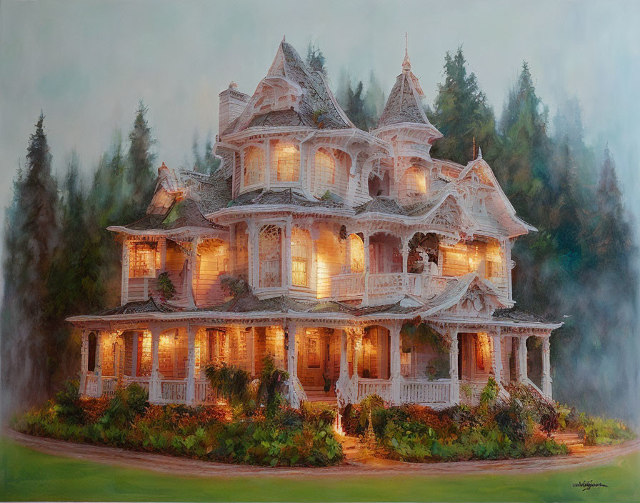 Victorian-style House with Illuminated Windows in Misty Greenery