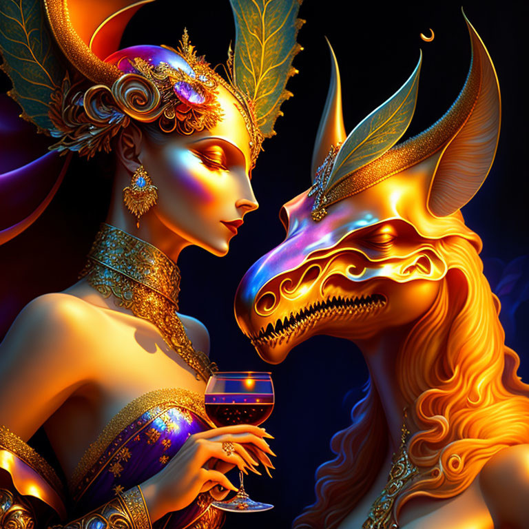 Woman in golden masquerade attire interacts with dragon-like creature under crescent moon