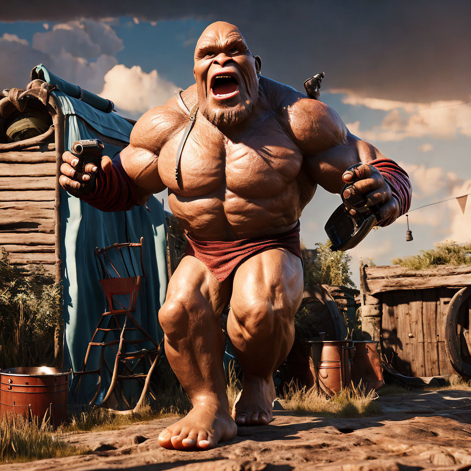 Animated muscular ogre in outdoor setting with barrels and wooden cart