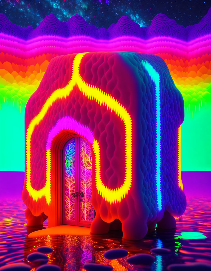 Colorful Psychedelic Digital Artwork with Glowing Structure on Reflective Surface