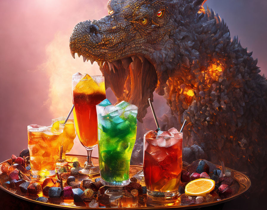 Dragon head overlooking colorful cocktails in smoky setting