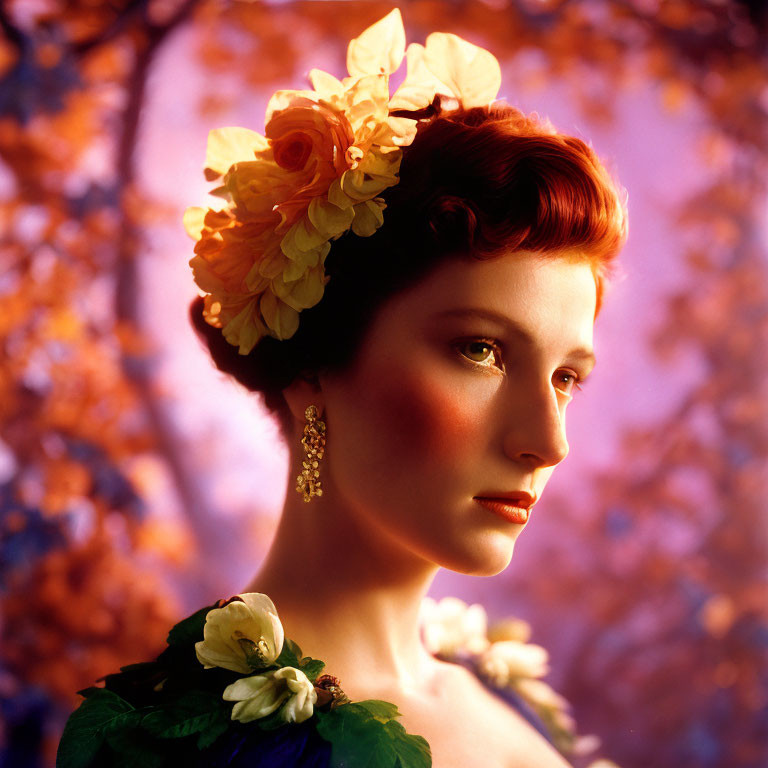 Red-haired woman with yellow flowers in green dress among autumn leaves.