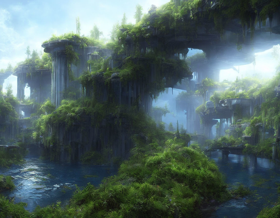 Tranquil fantasy landscape with greenery, waterfalls, and misty rocks