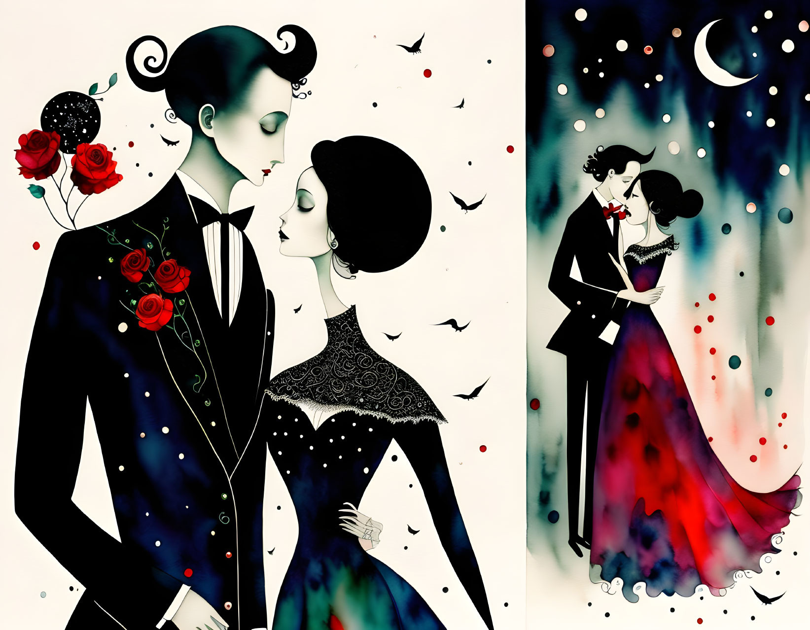 Elegant couple in formal attire with whimsical, romantic theme.