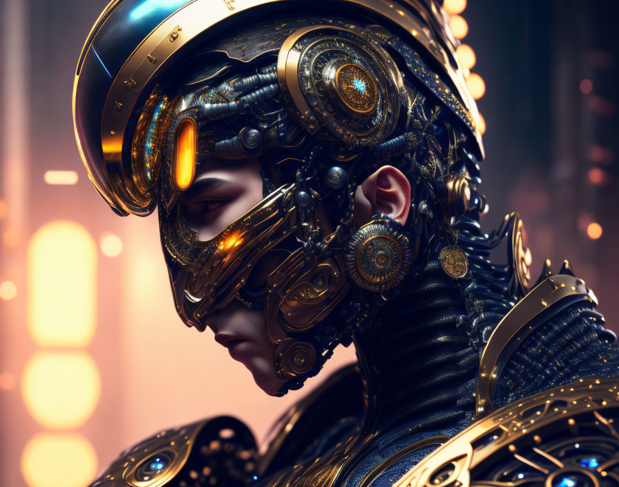 Detailed futuristic cyborg with mechanical helmet and suit in neon-lit setting