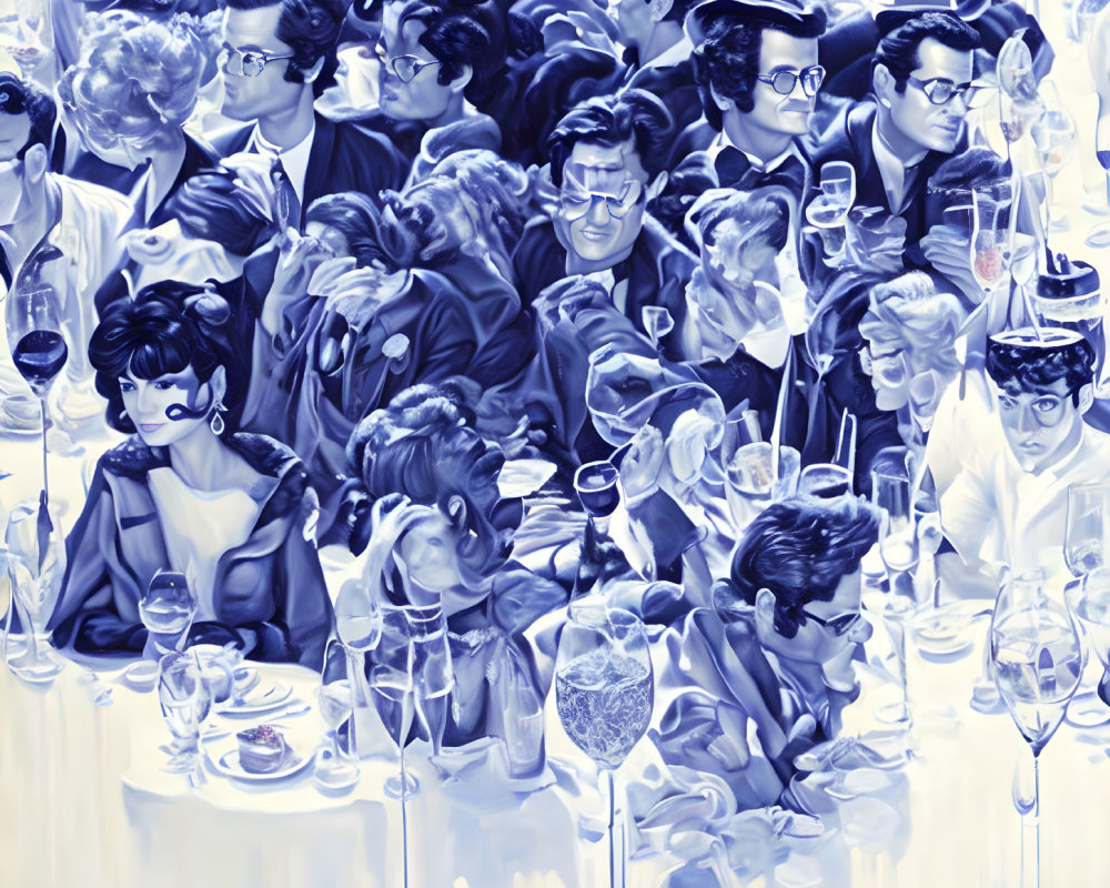 Elegant monochromatic painting of crowded event with stylishly dressed people and wine glasses