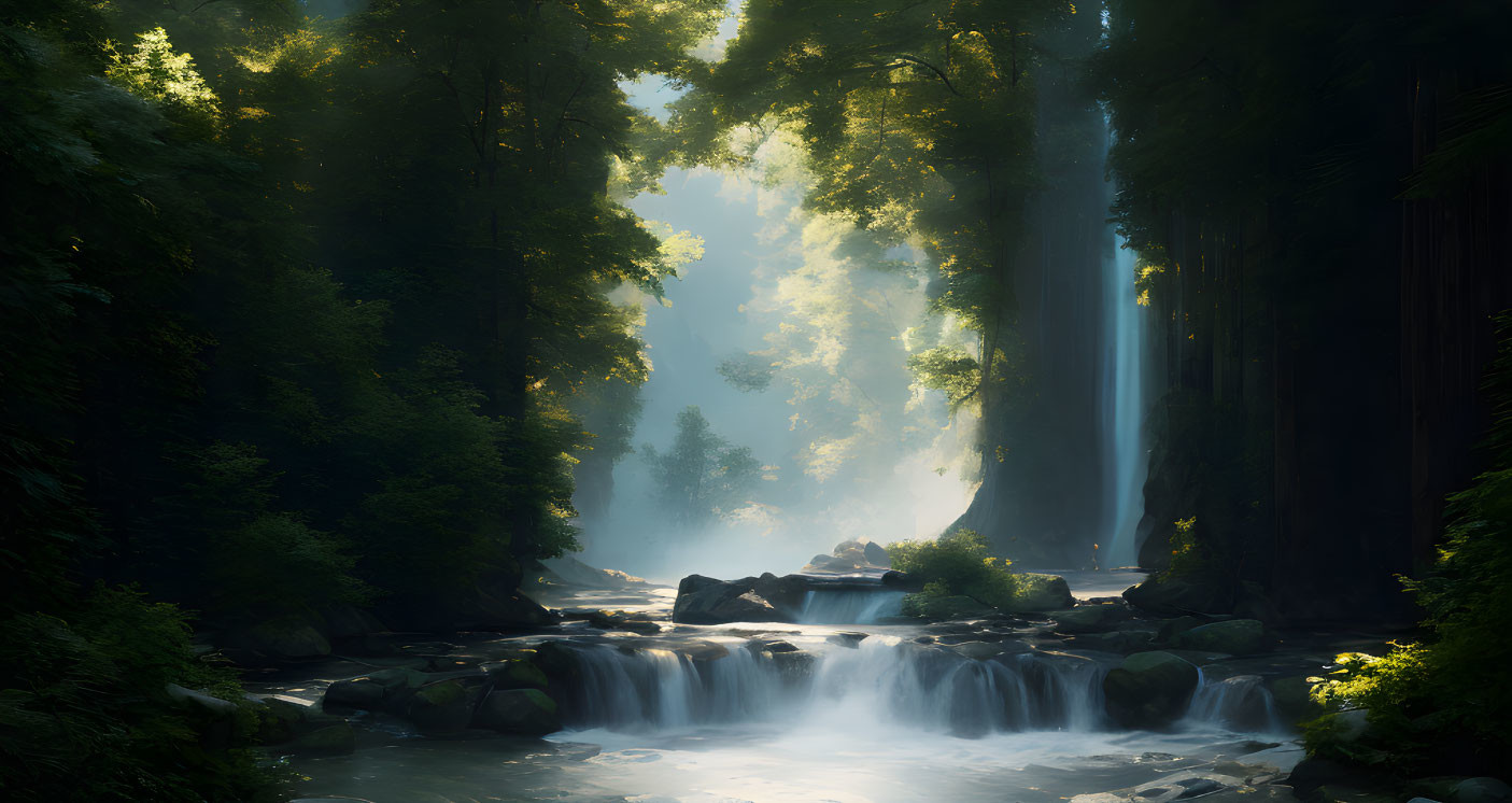 Tranquil forest landscape with cascading waterfall and misty stream