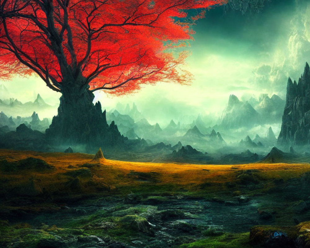 Colorful landscape with red tree, rocky terrain, mossy ground, and misty mountains