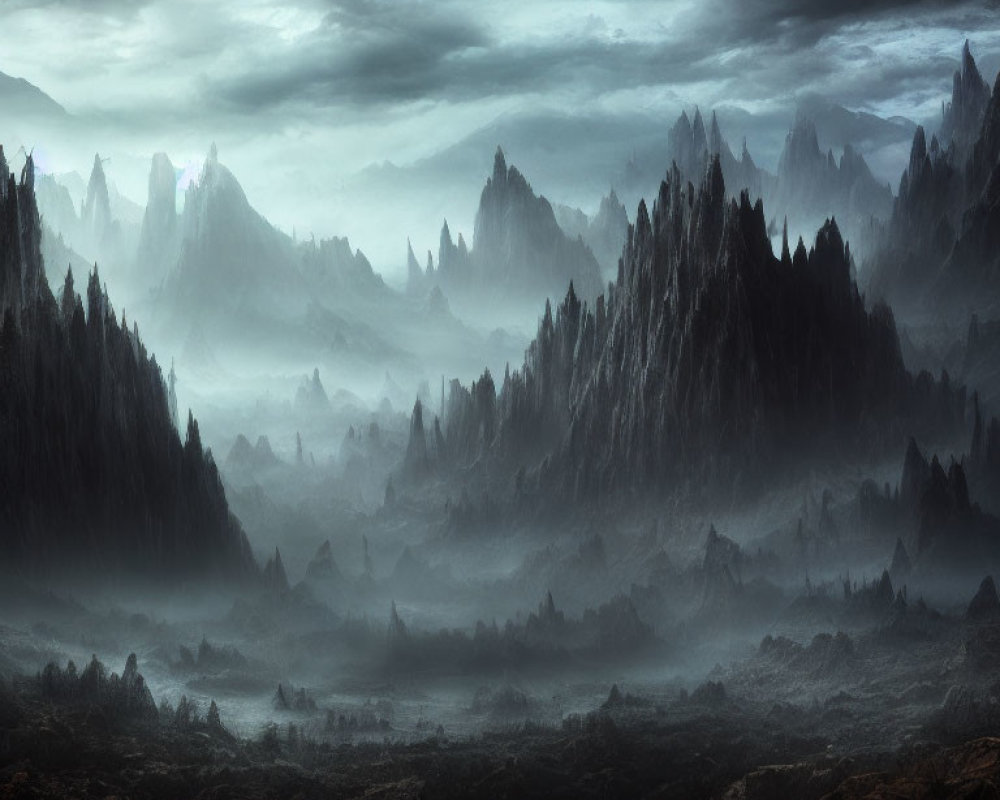 Mystical landscape with dark mountain peaks and misty valley