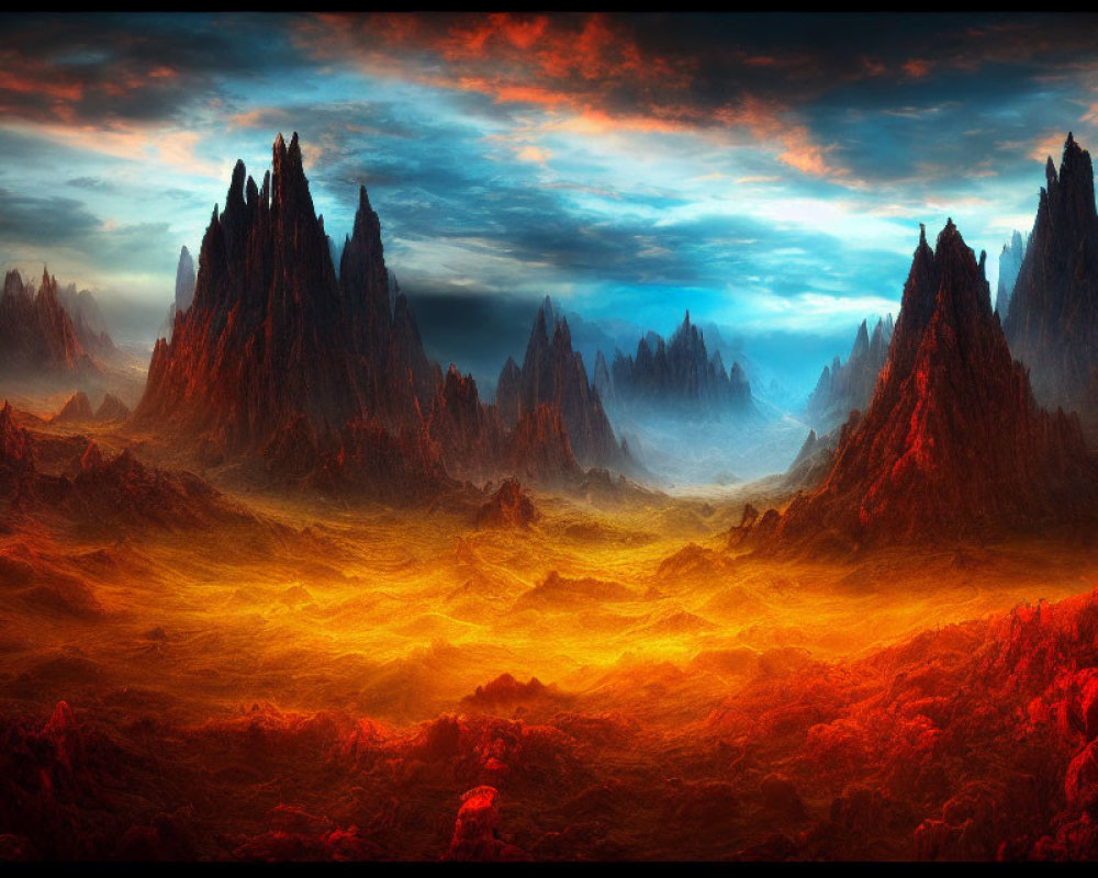 Fantasy Landscape with Spiky Mountains and Fiery Terrain