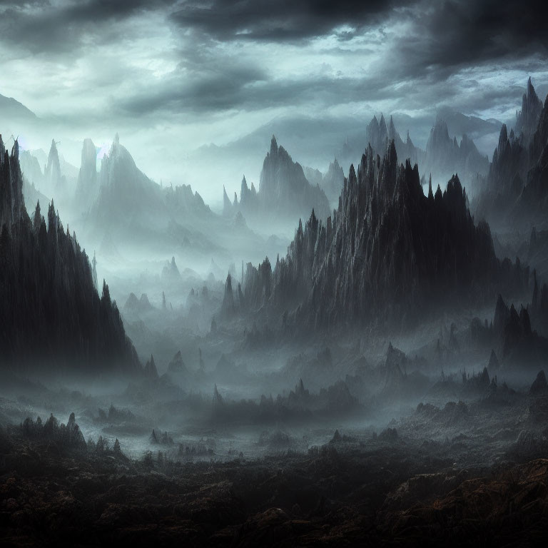 Mystical landscape with dark mountain peaks and misty valley