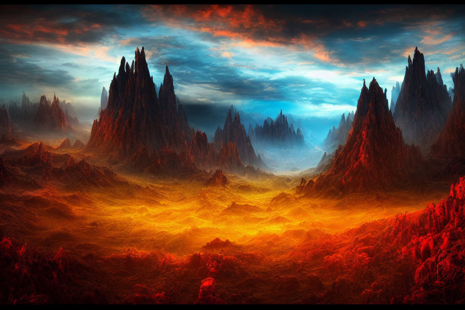 Fantasy Landscape with Spiky Mountains and Fiery Terrain