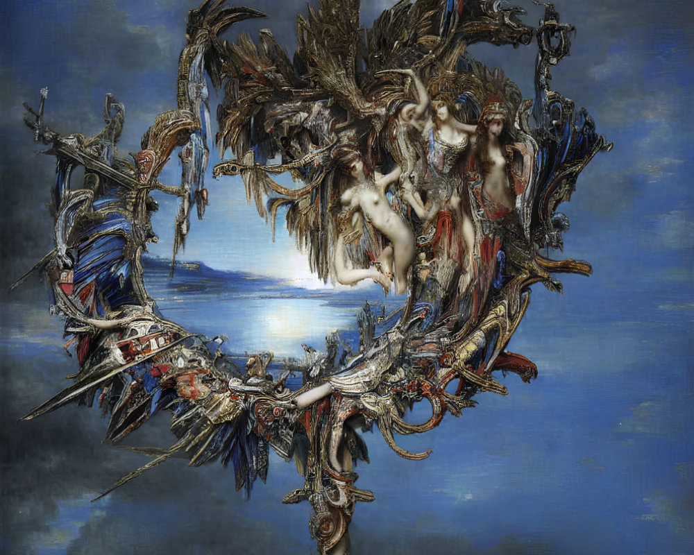 Intricate surreal artwork with classical figures, ornate frames, and maritime elements on cloudy sky.
