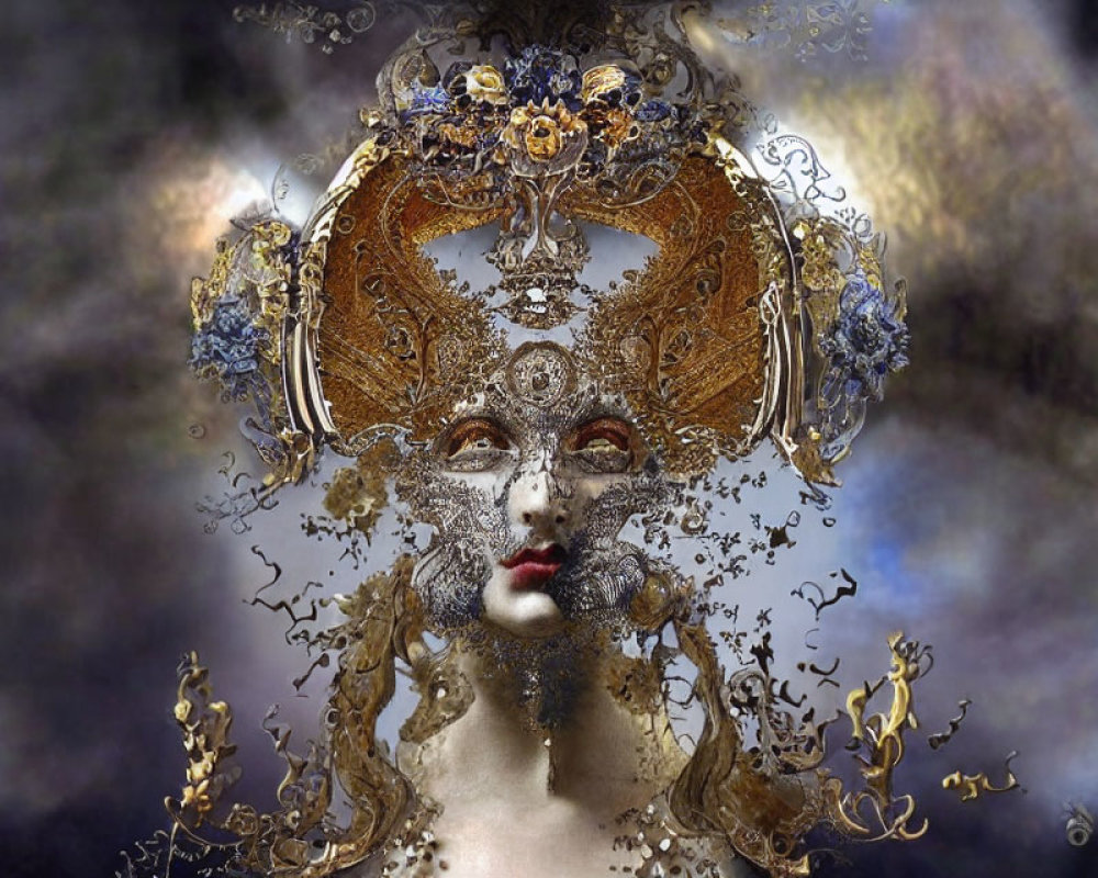 Surreal portrait with golden mask dissolving into fractal patterns