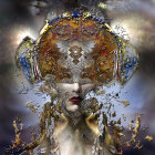 Surreal portrait with golden mask dissolving into fractal patterns