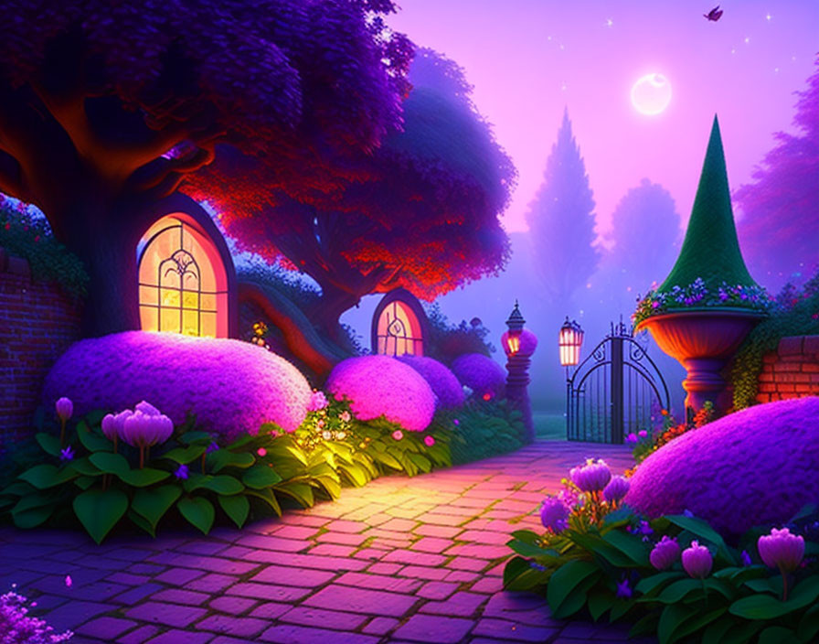 Vibrant purple foliage garden path with quaint house under twilight sky