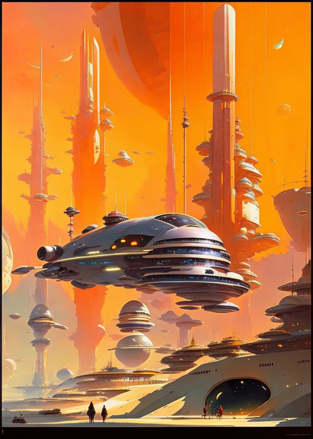 Futuristic cityscape with towering spires and floating vehicles