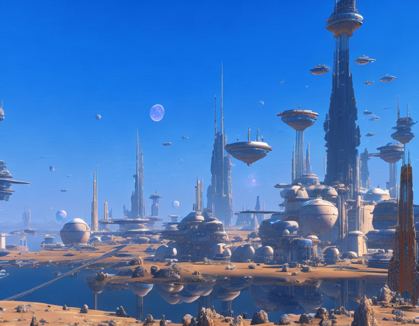 Futuristic cityscape with towering spires in serene desert setting