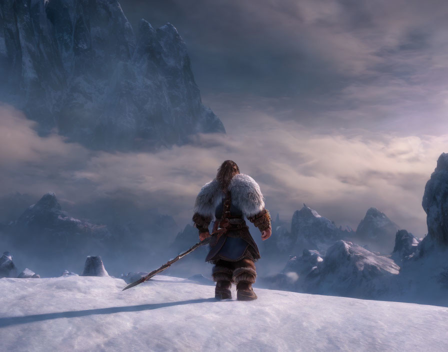 Warrior in fur armor on snowy ridge with spear under dramatic sky