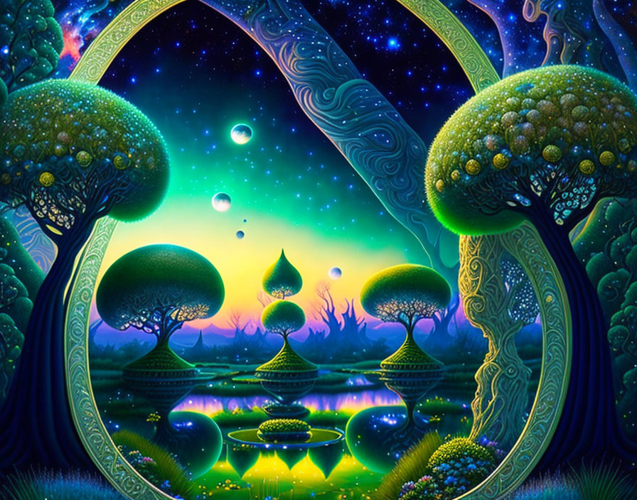 Fantastical landscape with glowing orbs, starry sky, and mystical arches