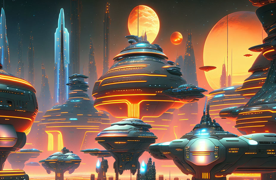 Futuristic cityscape with skyscrapers and multiple moons.