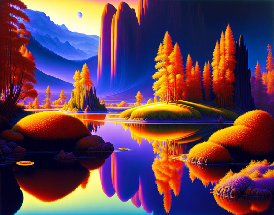 Surreal landscape with orange and purple foliage, blue waters, and towering cliffs