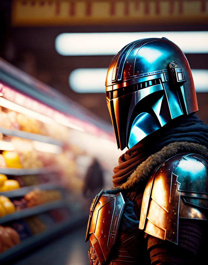 Person in Mandalorian armor in grocery store aisle