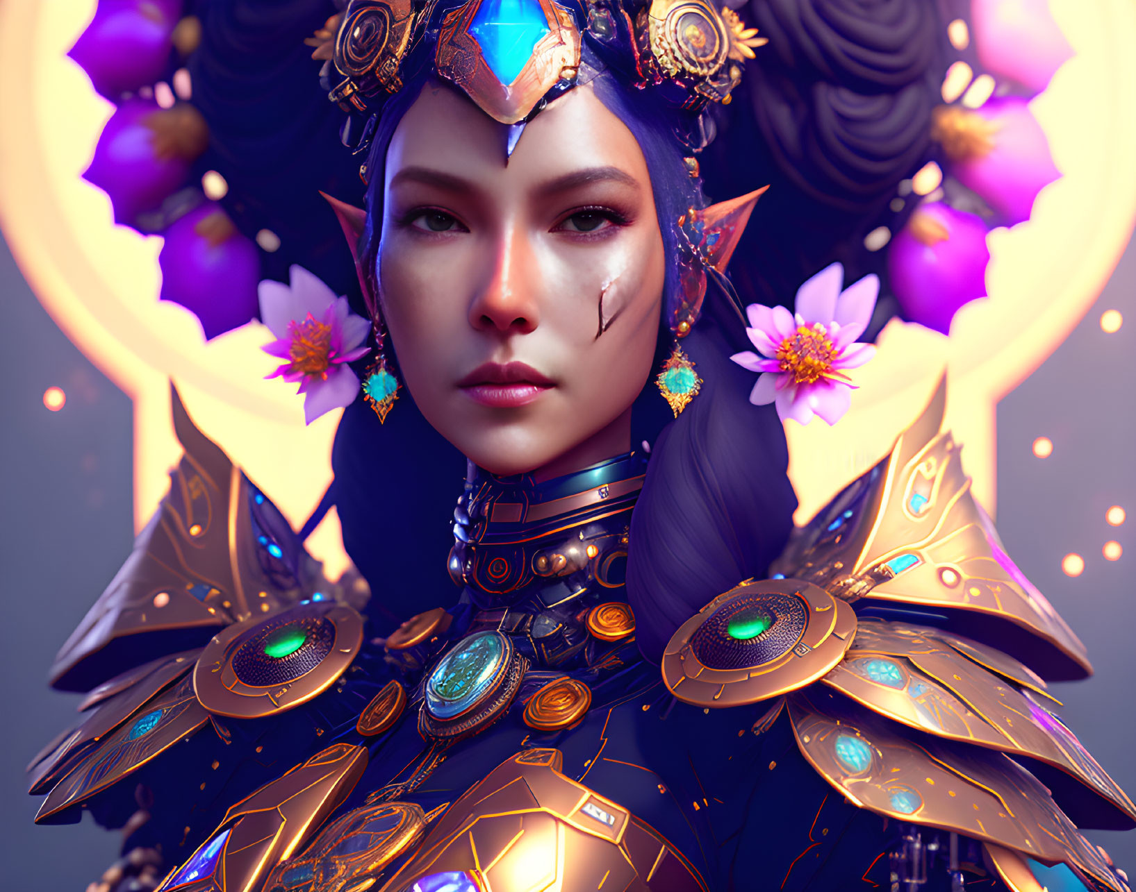 Elaborate golden headdress and armor on woman in digital artwork