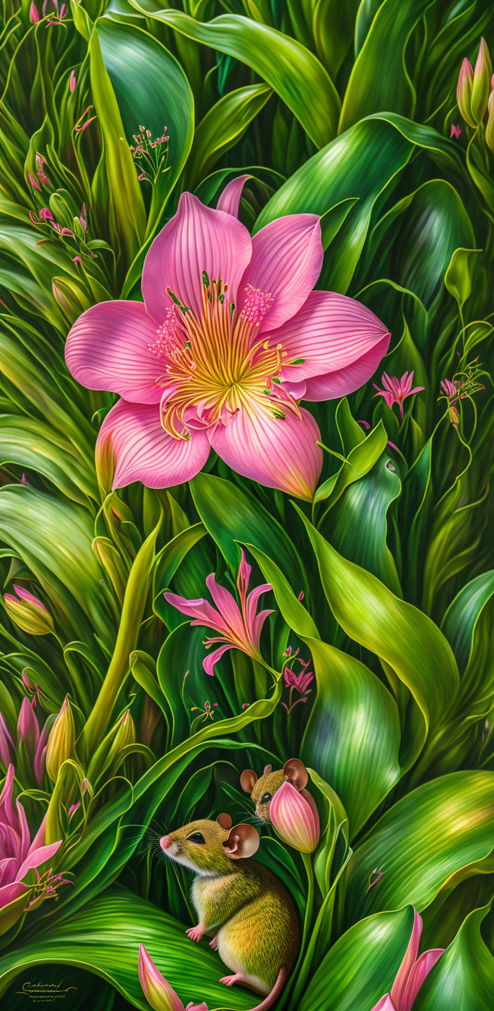 Detailed pink flower illustration with mouse in lush green foliage