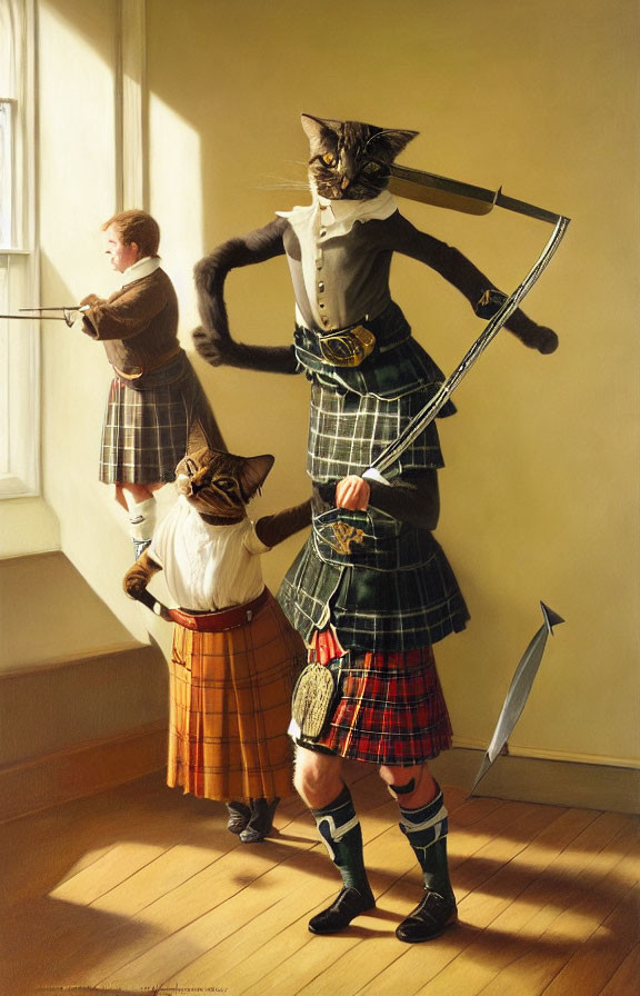 Scottish-themed anthropomorphic cats dancing and playing bagpipes