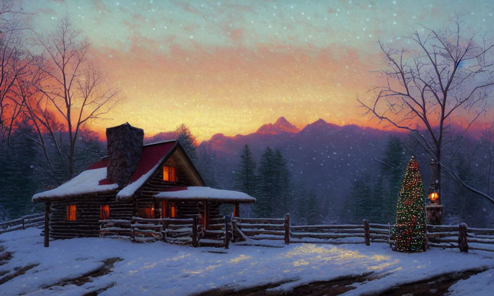 Snowy Twilight Scene: Cozy Log Cabin, Christmas Lights, Mountains