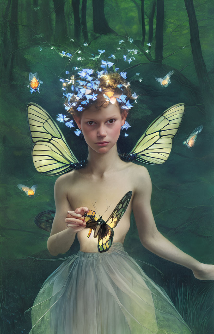 Fantasy portrait: person with butterfly wings and flower crown in enchanted forest