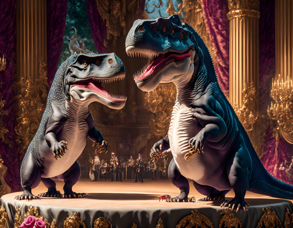 Anthropomorphic T-rexes in elegant attire at grand ballroom event