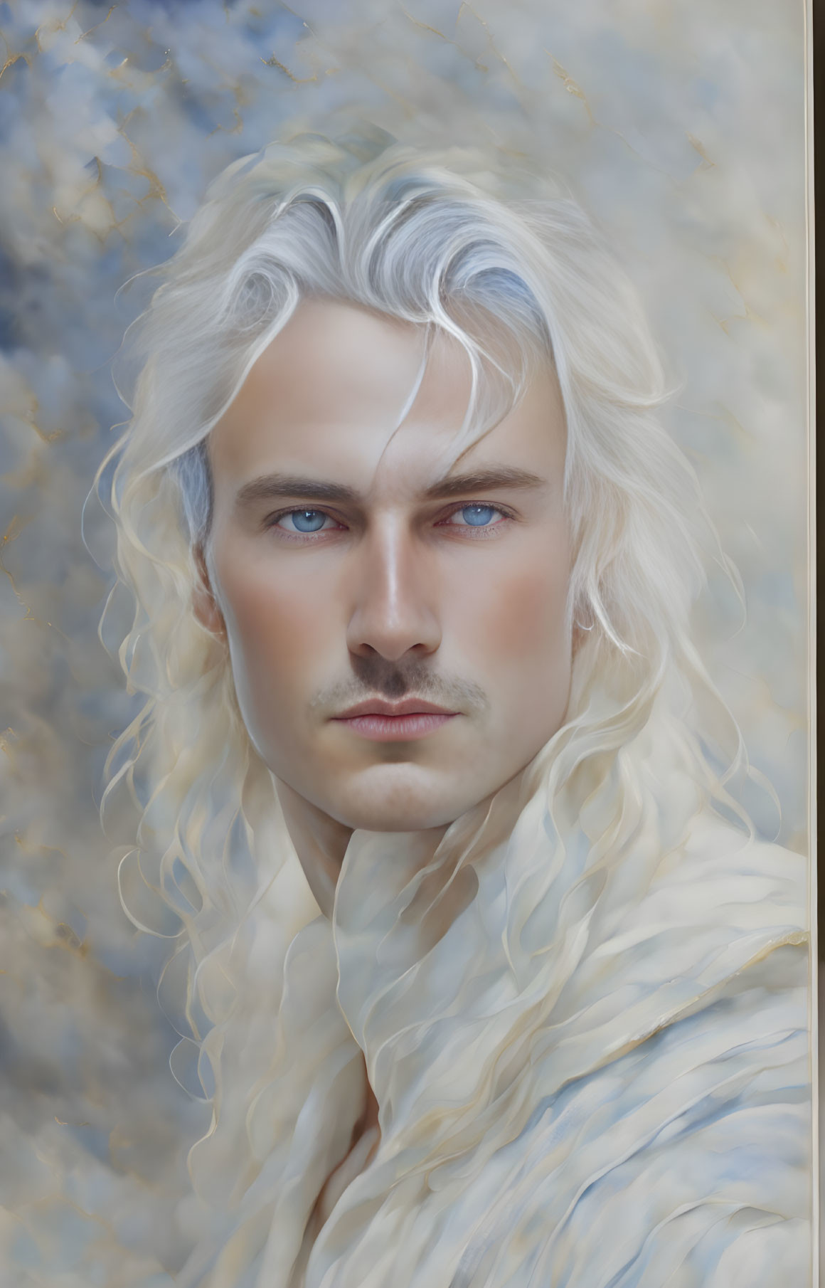 Fantastical male character with long white hair and blue eyes on gold-veined backdrop