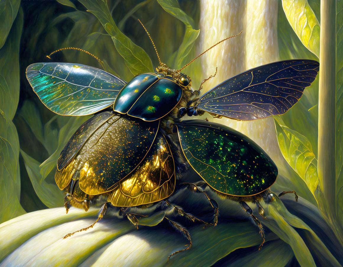 Detailed illustration of vibrant green and gold beetle on plant stem surrounded by foliage