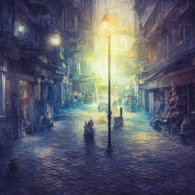 Twilight cobblestone street with vintage buildings and luminous lamp