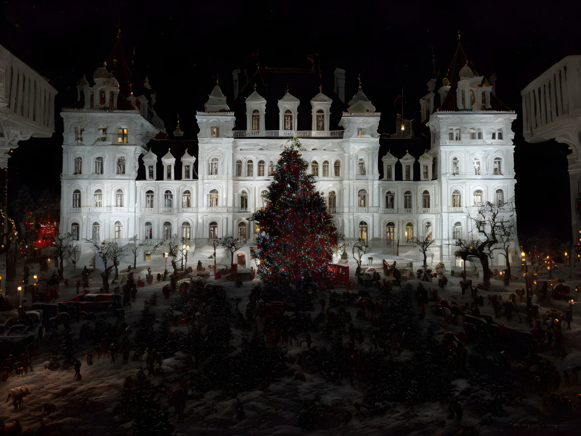 Ornate Building with Christmas Tree and Snowy Grounds at Night